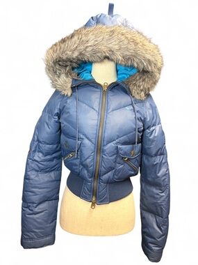 Vintage Abercrombie Shrunken Y2K Ski Puffer Jacket Blue Fur Hood Kids L / XS